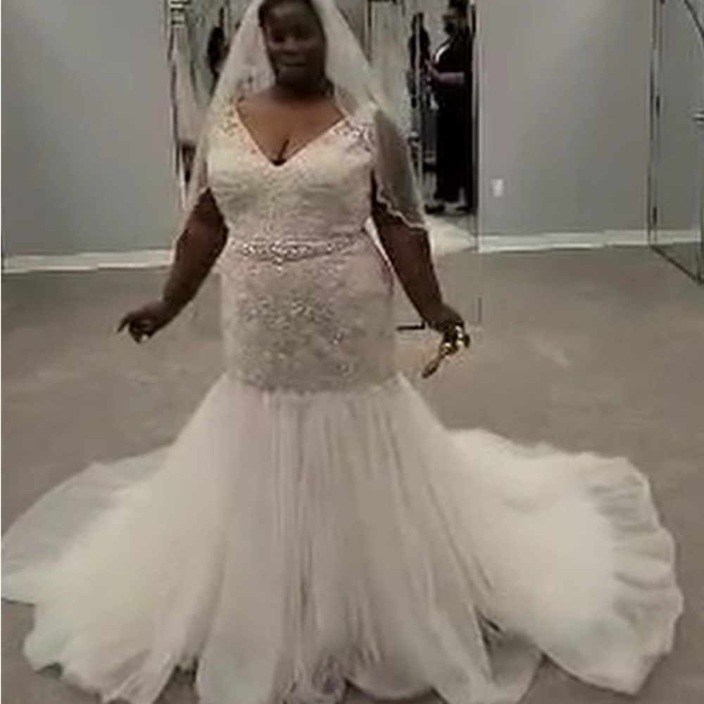 Oleg Cassini Ivory Wedding Dress with Crystal Belt and Veil